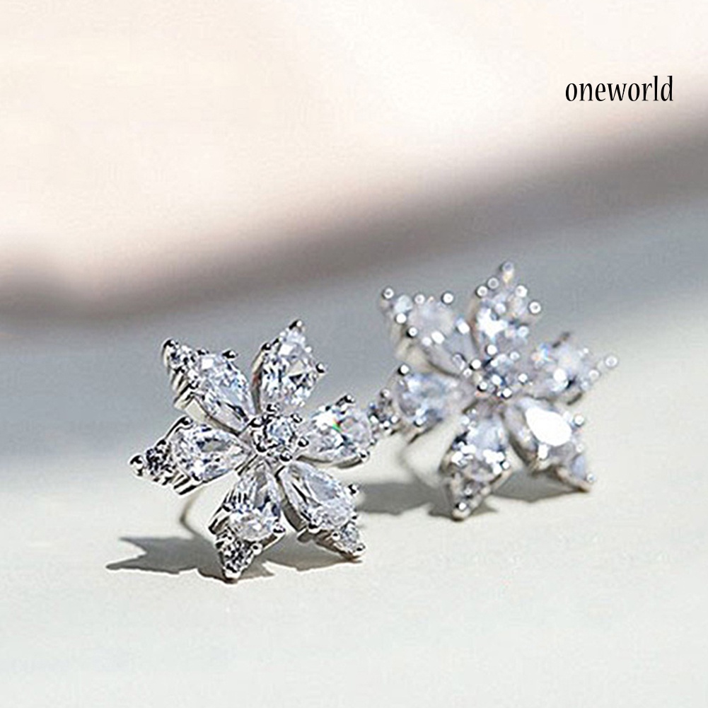 OW# Sweet Women Cubic Zirconia Inlaid Snowflake Ear Stud Earrings Jewelry Xmas Gift