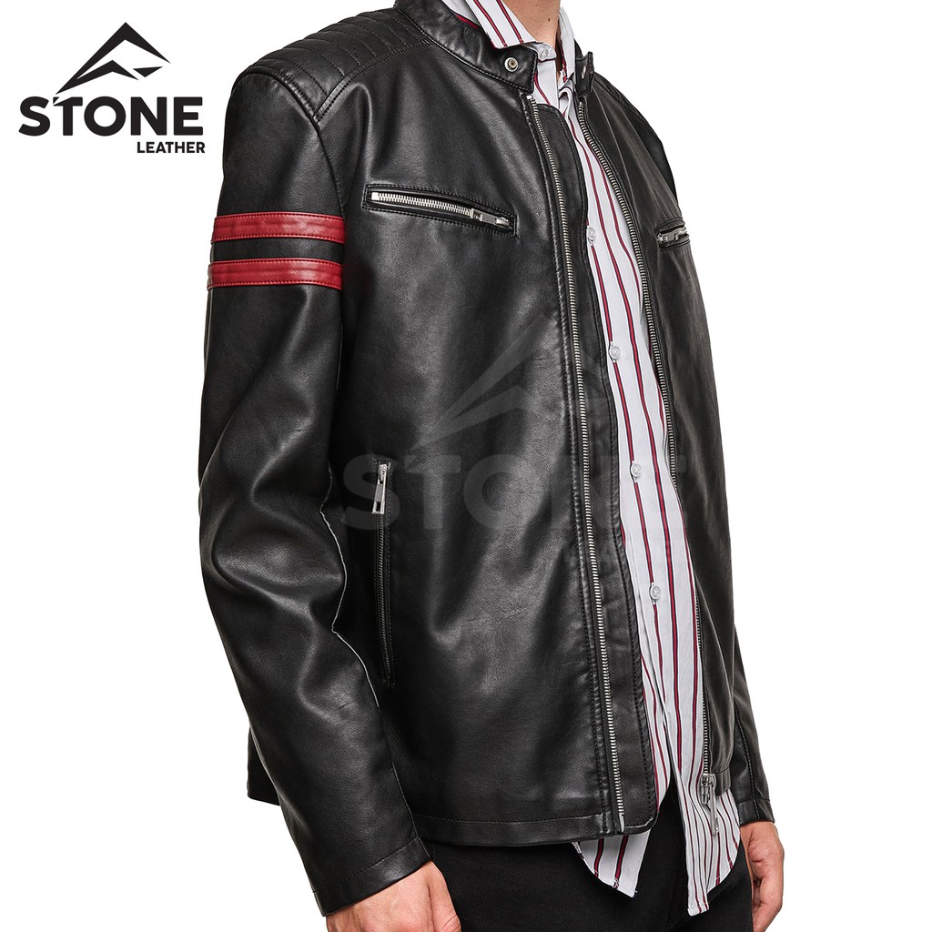 JAKET KULIT SINTETIS STRIP MERAH