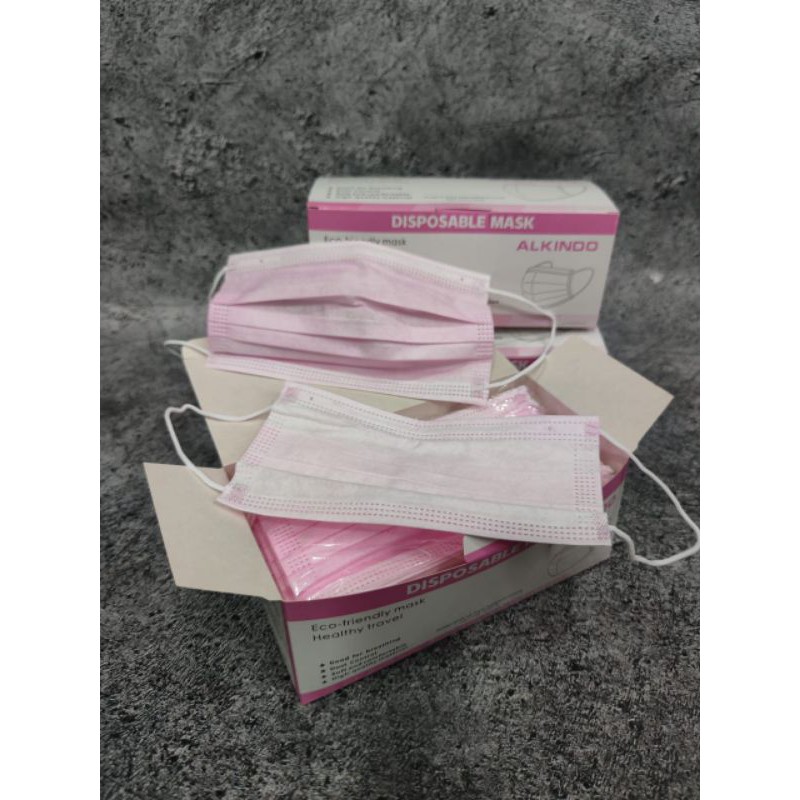 READY STOK MASKER DISPOSABLE MASK ALKINDO PINK MUDA 3 PLY ISI 50