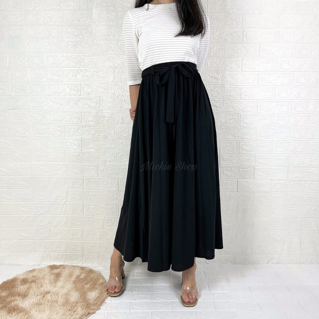 Rok Lebar Polos Payung Premium Import | Maxi Big Size | Flare Skirt Panjang |Mayung Basic Tali Jumbo-Black Rok Tali