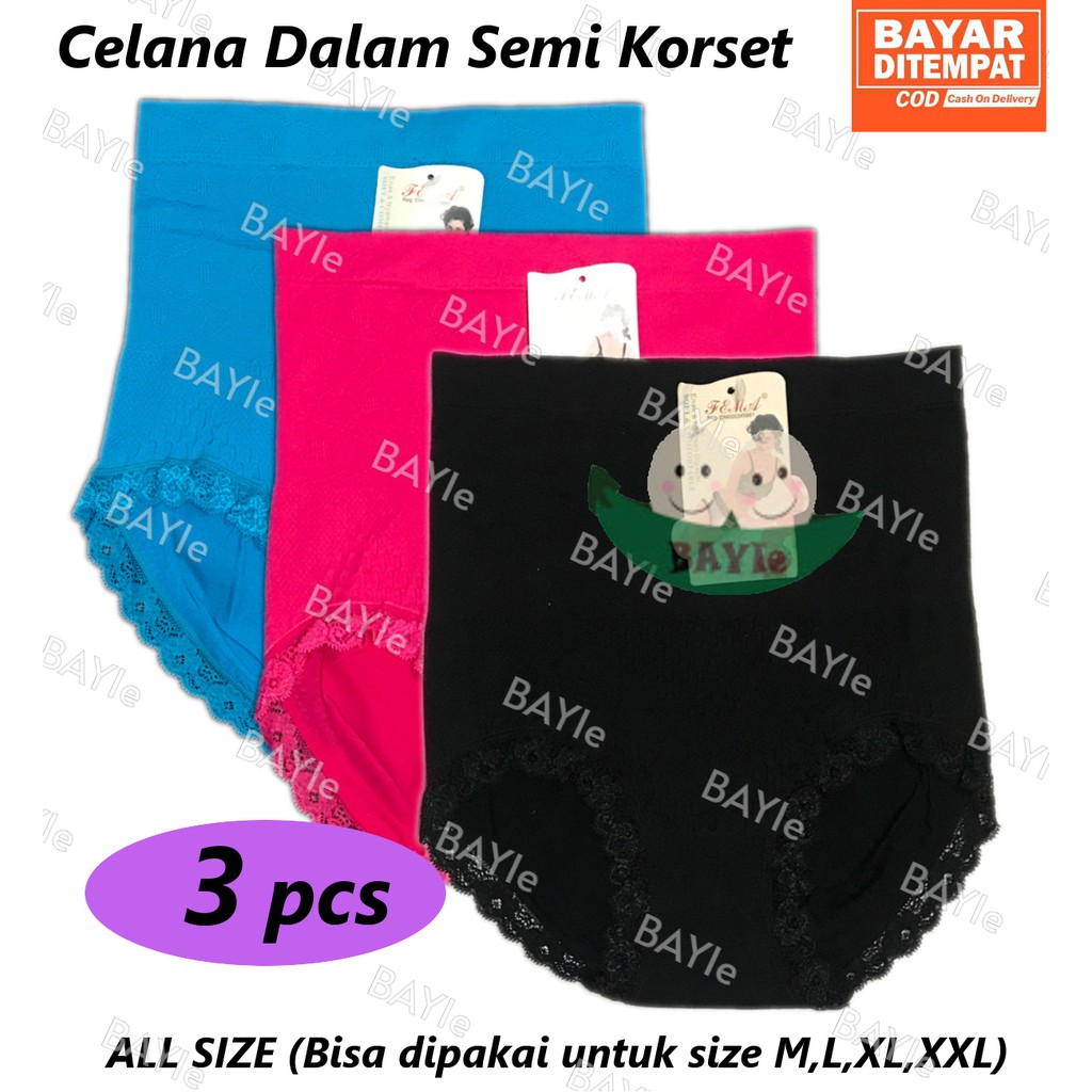 BAYIe - 3 PCS Celana Dalam / CD Wanita Semi Korset FEMA 2316 motif POLOS / CD Cewek