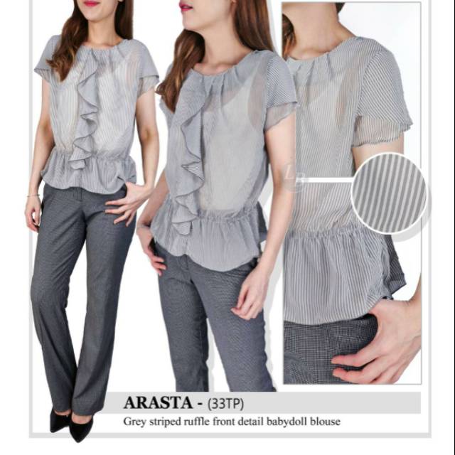 Arasta grey striped ruffle babydoll blouse