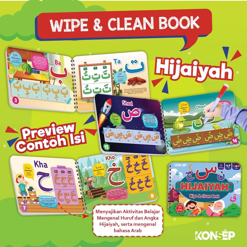 Activity Book Wipe And Clean - Seri Hijaiyah - Konsep Studio - Buku Edukasi Anak Belajar Menulis Untuk PAUD dan TK