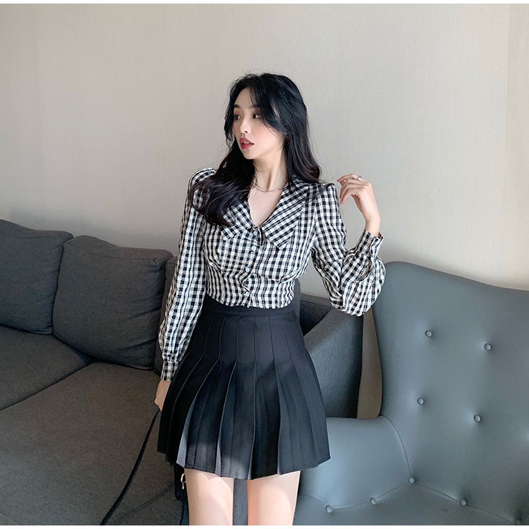 Kemeja Crop Wanita Kotak Kotak Import Wanita Lengan Panjang Blouse Korean Style