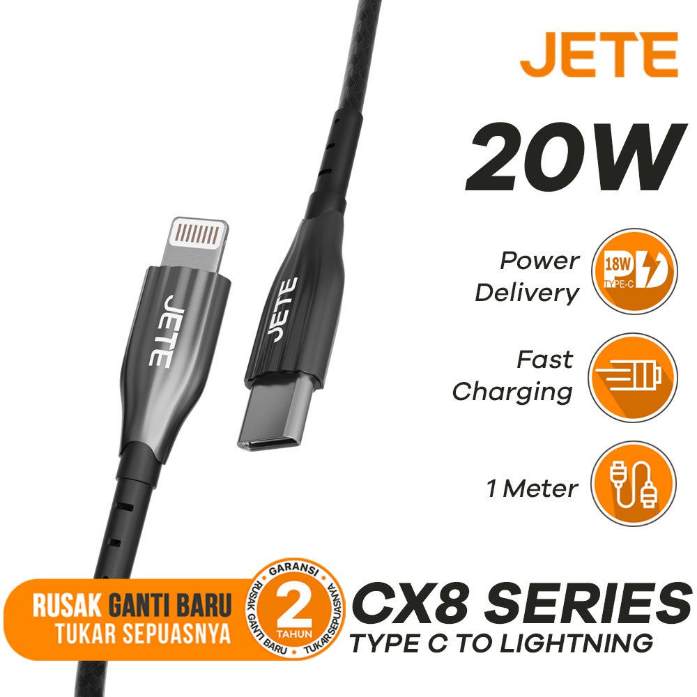 Kabel Data | Kabel USB | Kabel Charger Type C to Iphone Lightning Power Delivery JETE CX8 - Garansi 2 Tahun