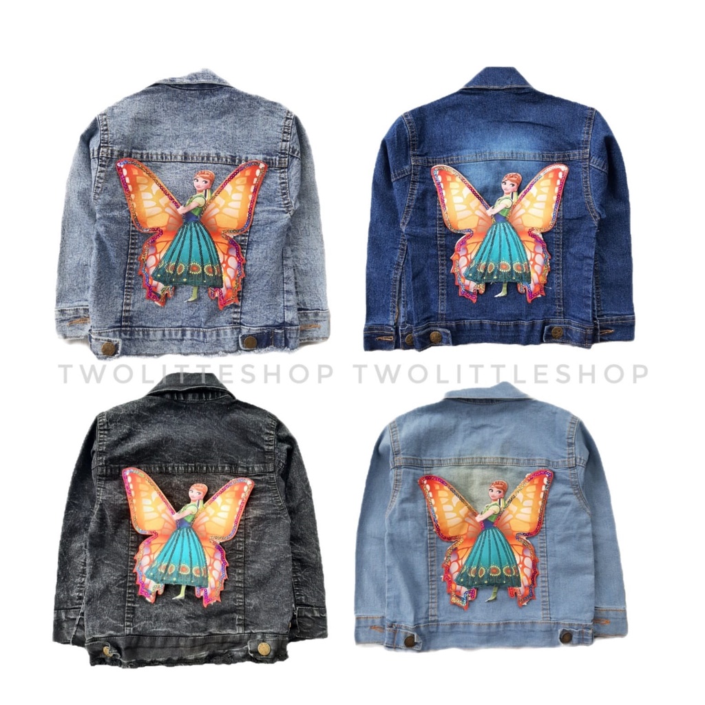 JAKET JEANS ANAK BLUE SANDWASH, BLACK SANDWASH, BIOBLITZ, BIOWASH MOTIF KUPU-KUPU