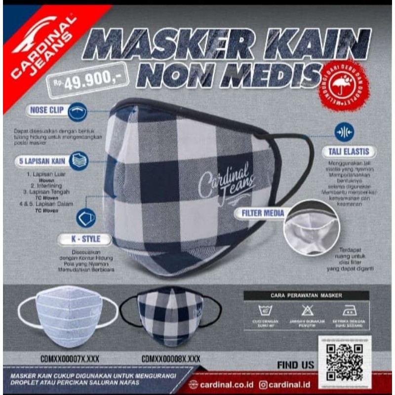 Masker CARDINAL Jeans motif kotak/modernjombang