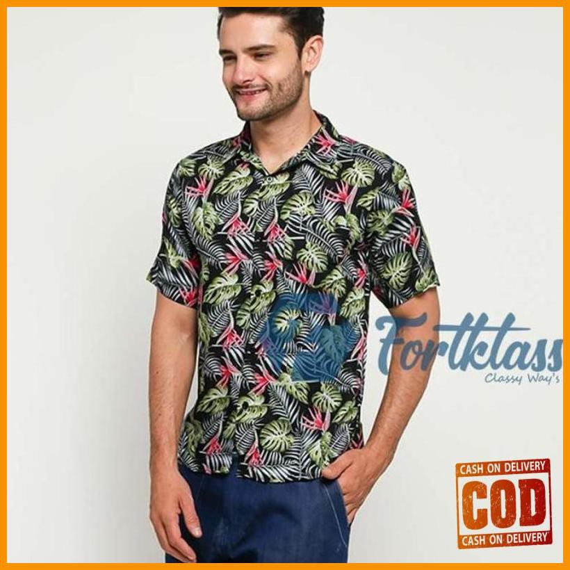 §890} Fortklass Daun Kecil Kemeja Hawaii Bali Pria Motif Kemeja Pantai Cowok - Navy *