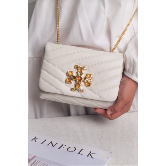 Tory Burch Kira Chevron Embellished Logo Mini Bag In White - ORI 100%