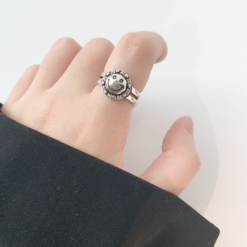 Cincin Jari Telunjuk Energi Positif Motif smiley Warna silver Gaya Korea Selatan Untuk Wanita