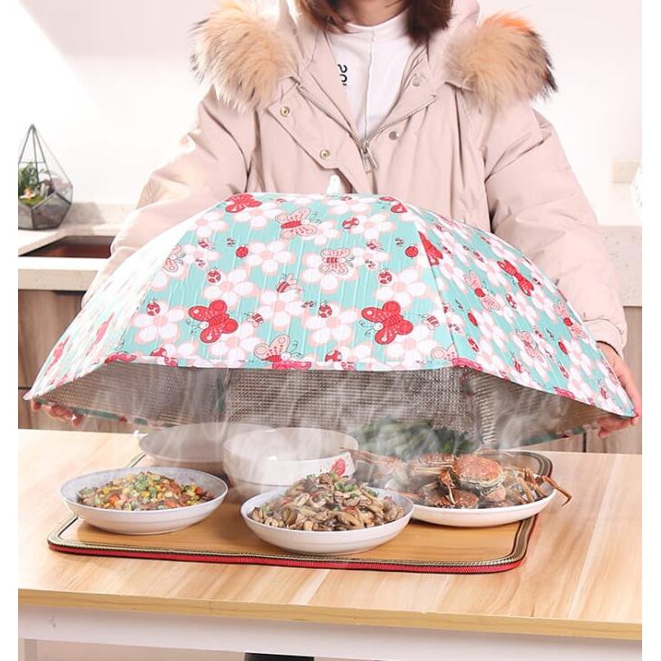 Tudung Saji Lipat Motif Penutup Makanan Penahan Panas Rangka Besi