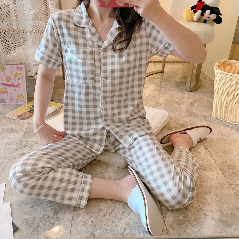 BAJU TIDUR PIYAMA SET KEMEJA CP LENGAN PENDEK CELANA PANJANG IMPORT PREMIUM BANYAK MOTIF PART 2-Kotak Gray