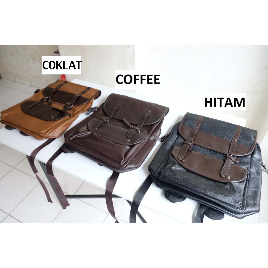 Tas Ransel Kulit Pria Wanita Impor / Tas Punggung / Leather Backpack  Bisa Untuk Sekolah, Kantoran, Jalan-Jalan  - Hitam, Coffe, Coklat