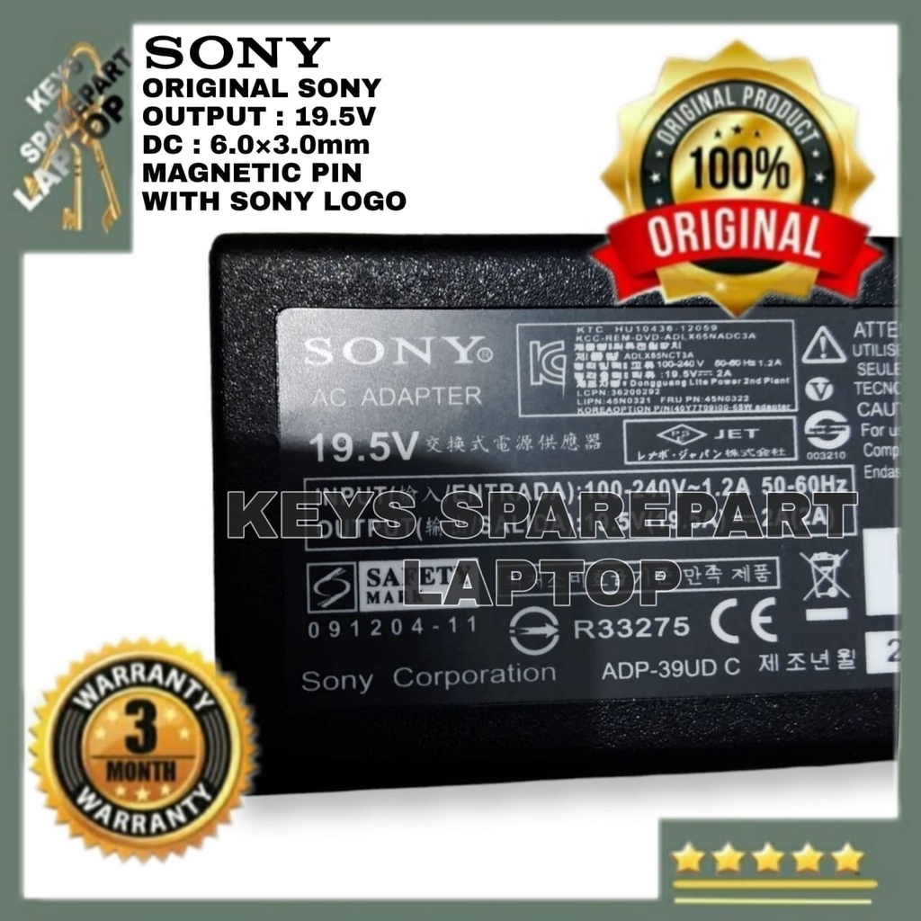 Adaptor Charger Casan kabel power Laptop Sony Vaio 19.5V 2A Magnet pin SVF13 SVT11 Fit 13A VGP-AC19V74 SVF13NA1UL 006 F11A SVF13N colokan Magnet logo original