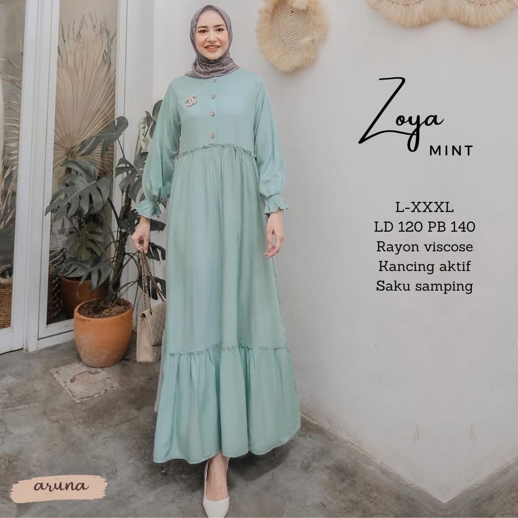 TERMURAH ZOYA DRESS ORIGINAL BY ARUNA/GAMIS REMPEL SUSUN MOTIF POLOS KENCING DEPAN BUSUI BAHAN RAYON