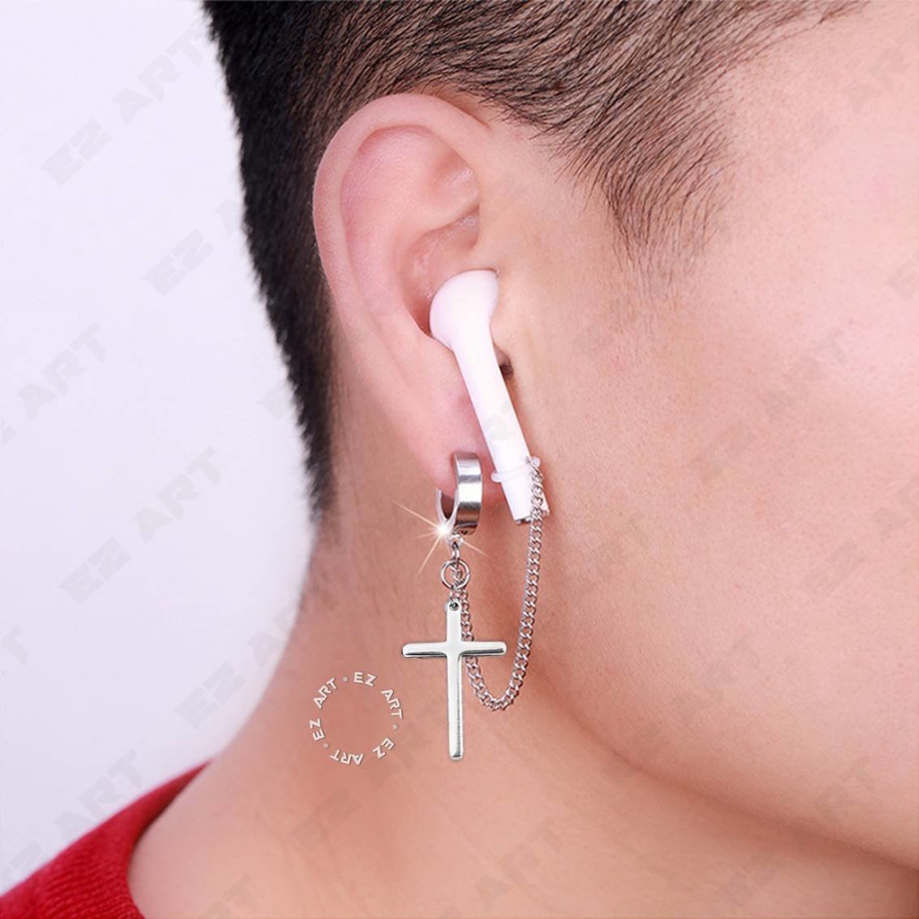EZPOD ANTING ANTI-HILANG EARPHONE AIRPOD GAYA KOREA KPOP BTS JEPIT TANPA TINDIK PRIA WANITA HITAM SILVER