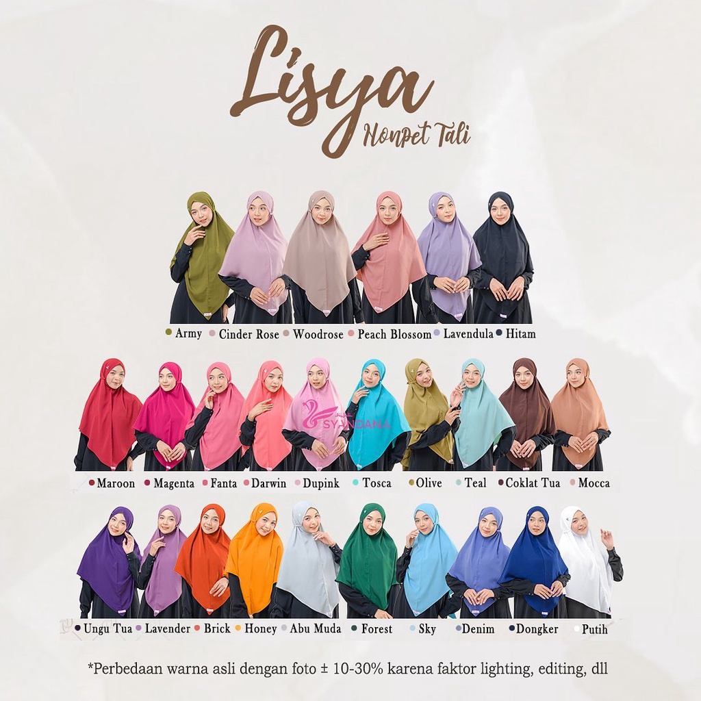 Hijab Syandana/ Khimar Lisya Nonpet Tali Syar'i - Size M / Jilbab Lisya Nonpet Tali New Colour