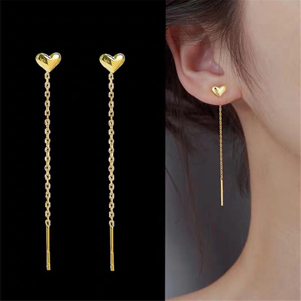 【COD Tangding】Solid Heart Line Tassel Heart Gold Heart-shaped Long Ear Line INS Face Thin Ear Chain Fashion Accessories Jewelry