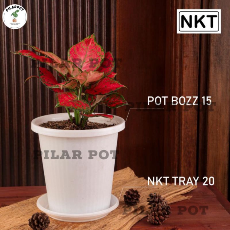 POT BUNGA TANAMAN TINGGI NKT BOZZ 15 PUTIH + TATAKAN BAWAH