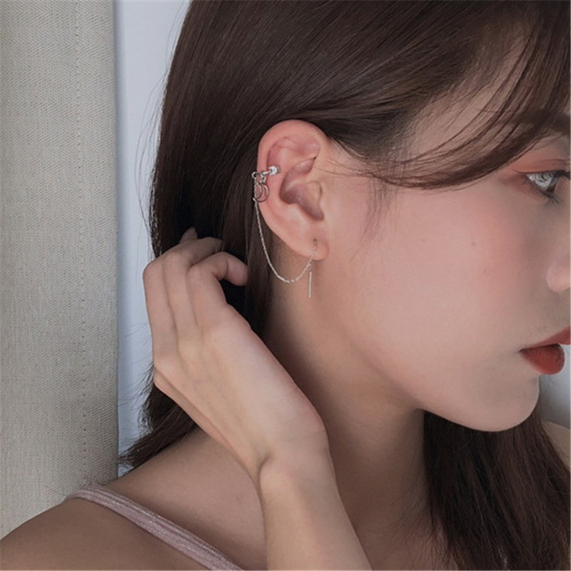 1pcs Korean Ins Simple Tassel Earrings for Women Girls Sweet Zircon Moon Long Chain Ear Clip Stud