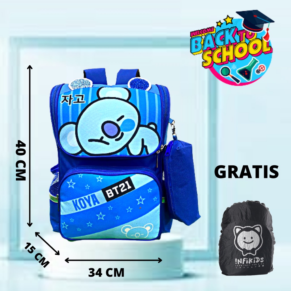 tas ransel anak laki laki SD karakter BT21 gratis jas hujan tas