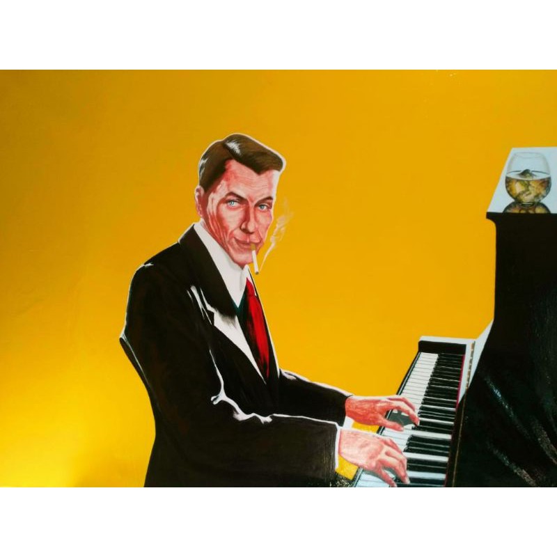 LUKISAN KANVAS ASLI FRANK SINATRA PLAYING PIANO, SERTIFIKAT, KANVAS CAT MINYAK, JUMBO 200X150 cm