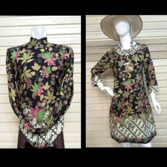 Flash Sale Tunik Batik Premium Lapis Tricot Hitam Bunga Hijau Pink KonxX7sEg9gol