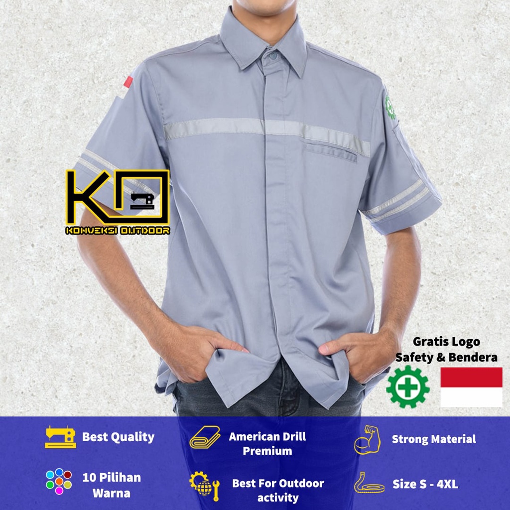 KEMEJA WEARPACK BAJU SAFETY K3 OUTDOOR INDOOR - Seragam Kemeja Kerja Lapangan Lengan Pendek Proyek Bangunan Tambang Alat Berat PLN Enginer Instalasi Mesin werpek sefti Scotlit Warna Abu Konveksi Outdoor