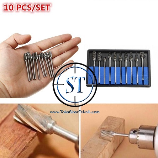 10Pcs Bor Tuner Tungsten Carbide Steel Rotary Wood Carving Polishing Knife HSS Set isi 10 Buah Burs Bor Gerinda Grinder Tahan Panas