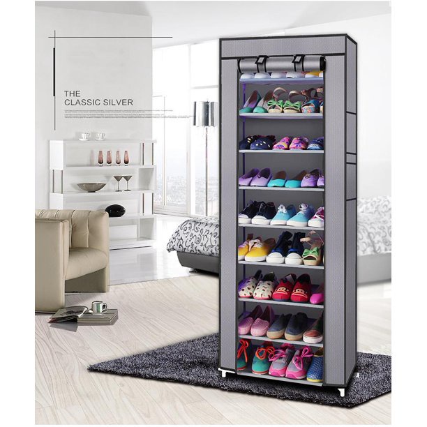 PROMO Rak Sepatu 10 Tingkat + Cover Debu POLOS (9 ruang) Portable Shoes Rack Rak Sepatu cm 60 X 160 Susun Rakitan / Shoes Rack with Dust Cover