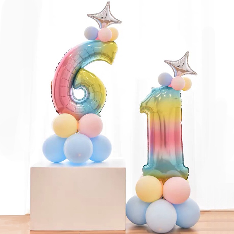 32 Inches Number Foil Balloon Set Digital Colourful Gradient Star Rainbow Birthday Party Anniversary Baby Shower Decoration