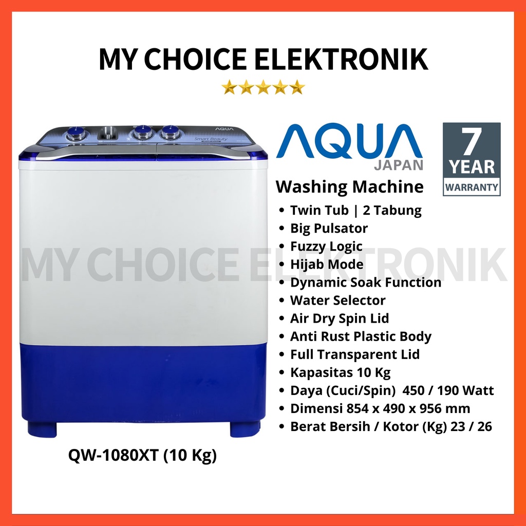 AQUA JAPAN Mesin Cuci QW-1080XT (10 Kg) Twin Tub | QW 1080 XT 2 Tabung