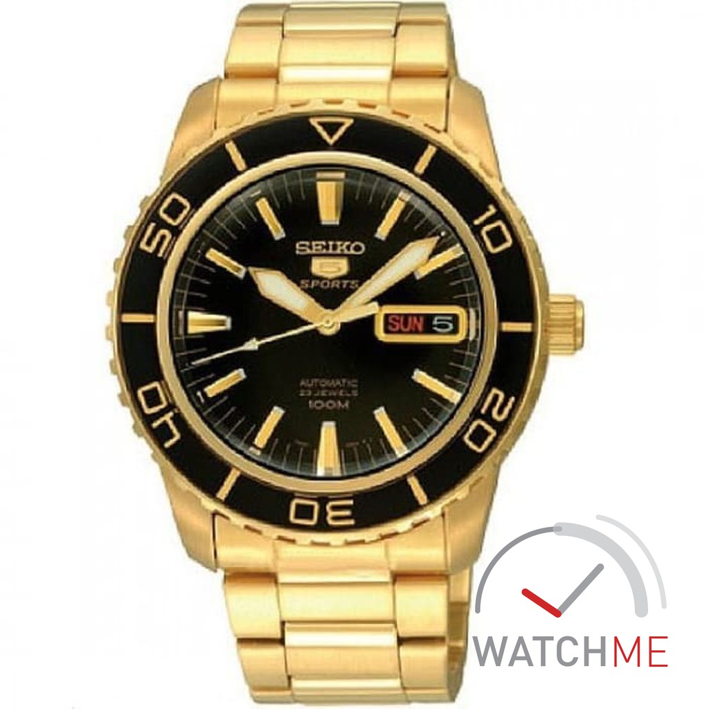 Jam Tangan Seiko 5 SNZH60K1 Automatic Black Dial Gold 100m Gold Stainless Steel Original Bergaransi