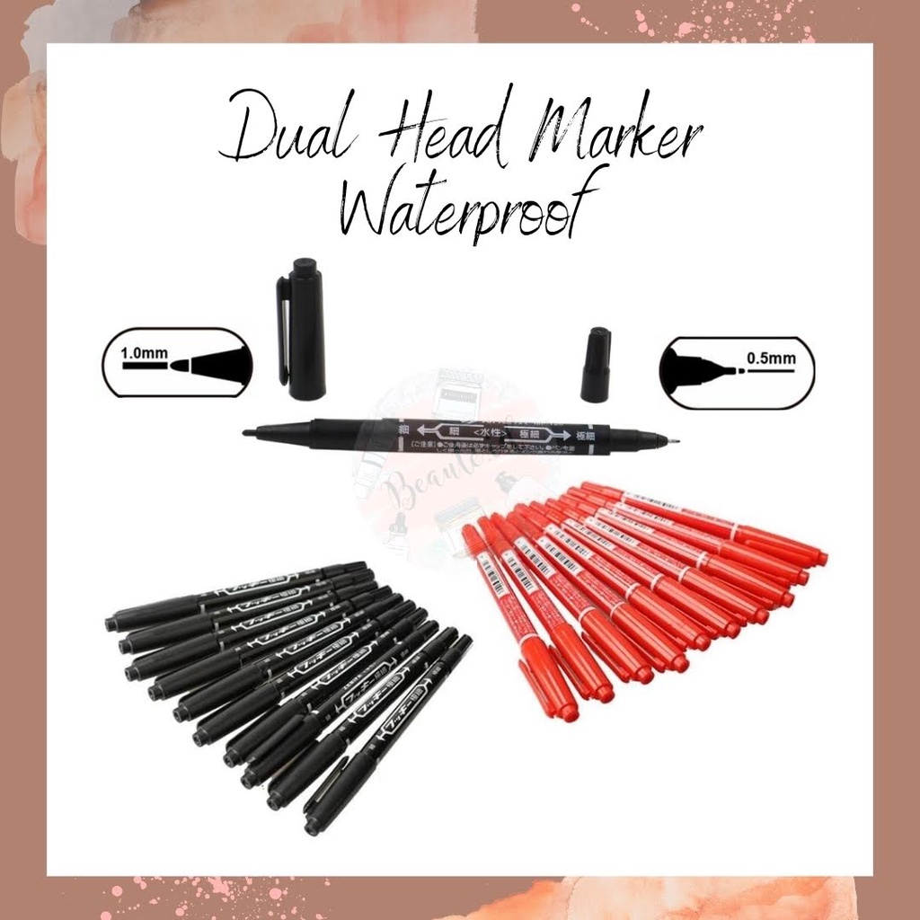 Spidol Permanen Serbaguna Dual Head Marker Waterproof Anti Bocor Hitam Merah Spidol + Pulpen 0.5 mm dan 1 mm Untuk Menulis Dekorasi DIY Kertas Kayu Plastik - 1 PCS