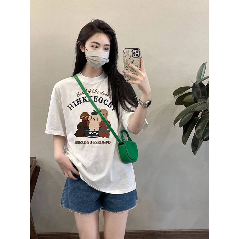 EUNII T-shirt Lengan Pendek Retro Kartun Anak Anjing Longgar Korean Style /Kaos Atasan Wanita/Baju Kaus Oversize Wanita