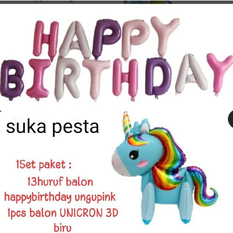 PAKET DEKORASI ULANG TAHUN BALON HAPPY BIRTHDAY UNGU PINK & BALON UNICORN 3D BIRU / PAKET DEKORASI H