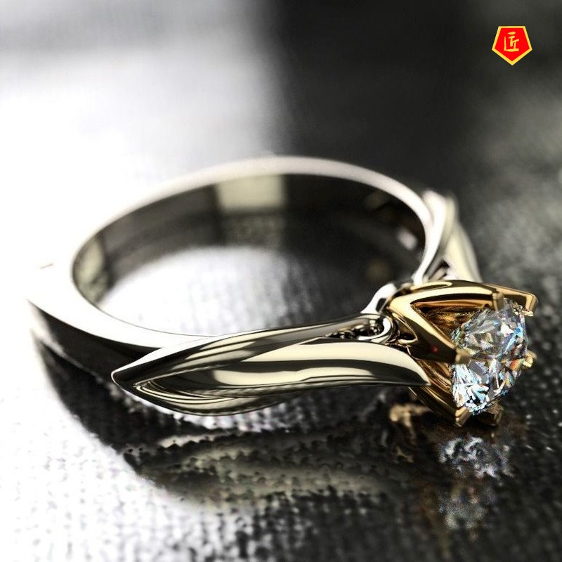 [Ready Stock]1 Karat Classic Six-Claw Moissanite Two-Tone Ring for Women