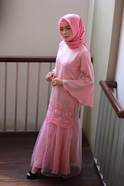 Dress Mermaid Tulle Bordir Wanita Soft Pink M L XL XXL