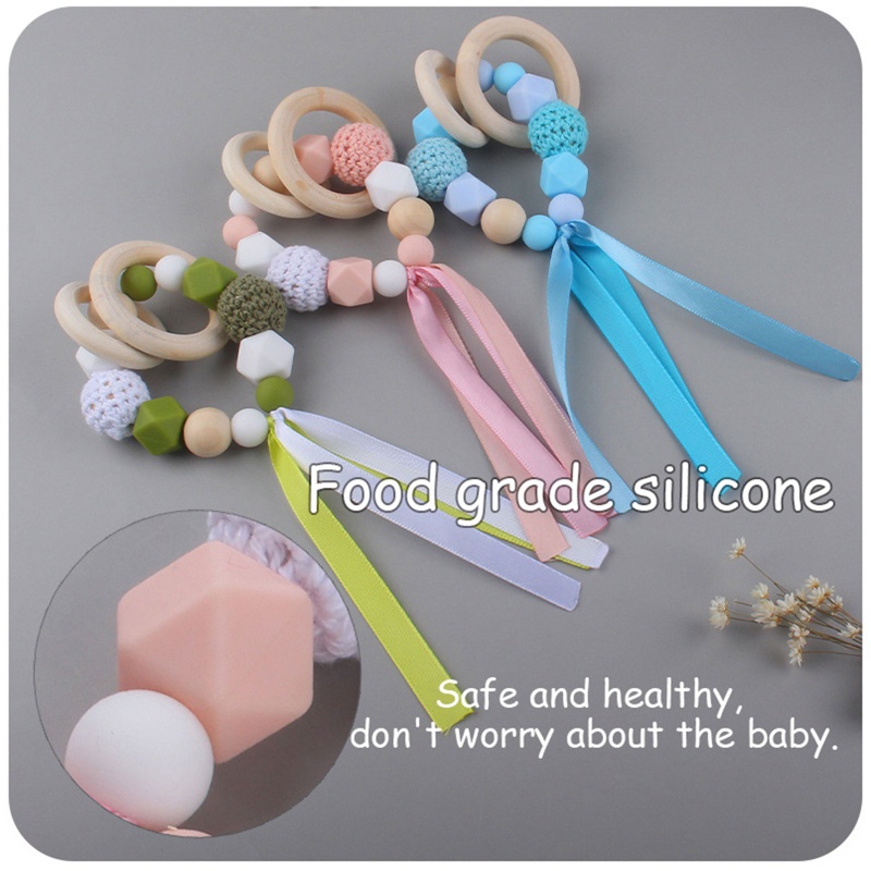 Mary Mainan Teether Ring Kayu Aksen Pita + Manik-Manik Silikon BPA free Untuk Bayi