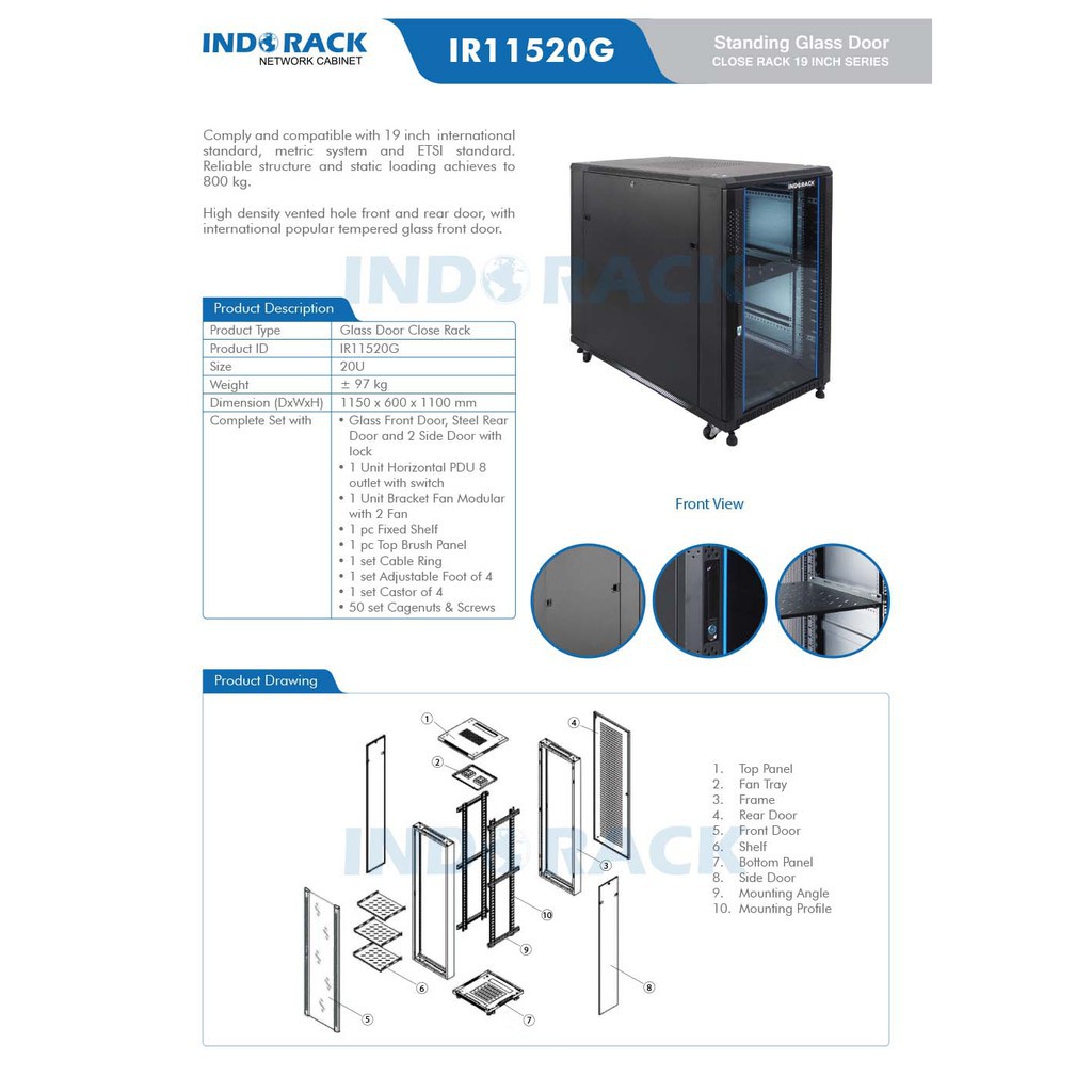 Indorack IR11520G Standing Close Rack 19&quot; 20U Glass Door Depth 1150mm STANDING CLOSE RACK 20U