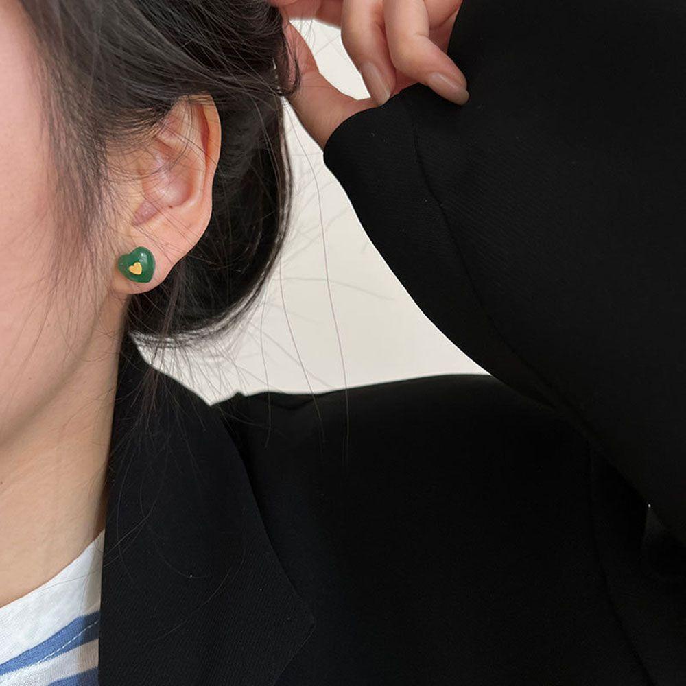 NEEDWAY Anting Hati Warna-Warni Temperamen Indah Elegan Resin Perempuan Logam Gadis Wanita Stud Earrings