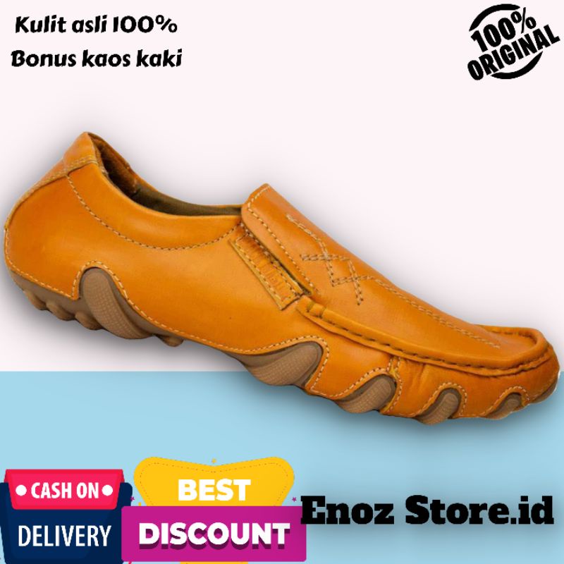 ENOZ X RINGGO - Sepatu Slop Pria Kulit Asli Original Kasual Formal Slip On Moccasin Keren Trendy Kuat Aman Nyaman ORI