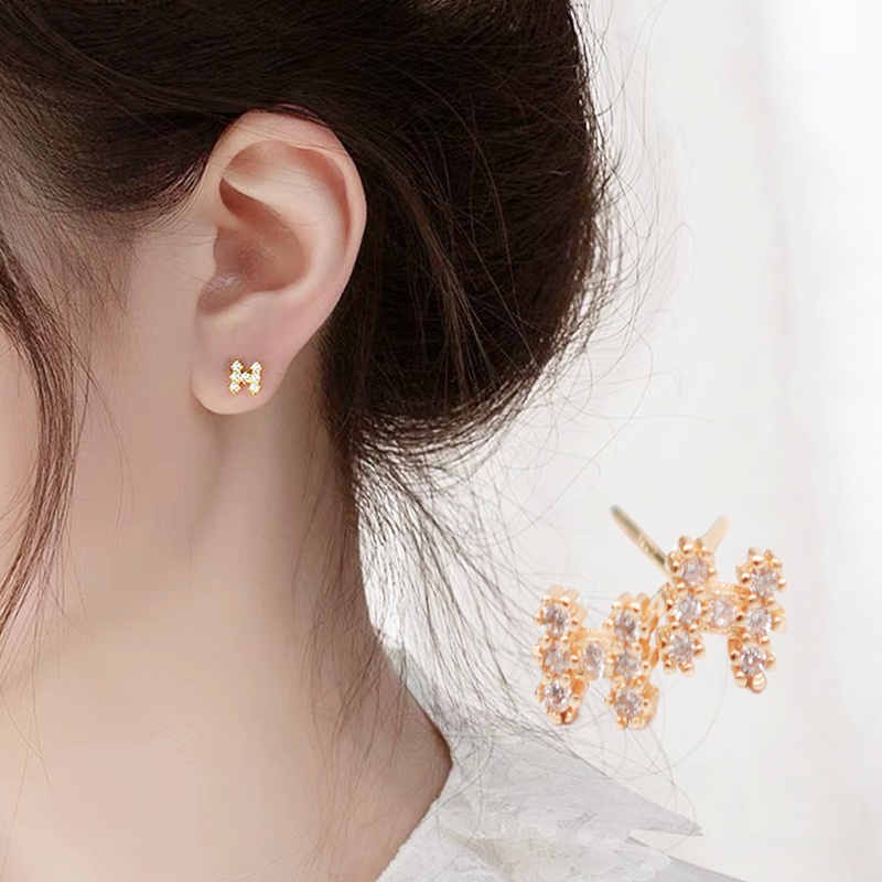 Anting Stud Bentuk H Geometris Aksen Kristal Untuk Wanita