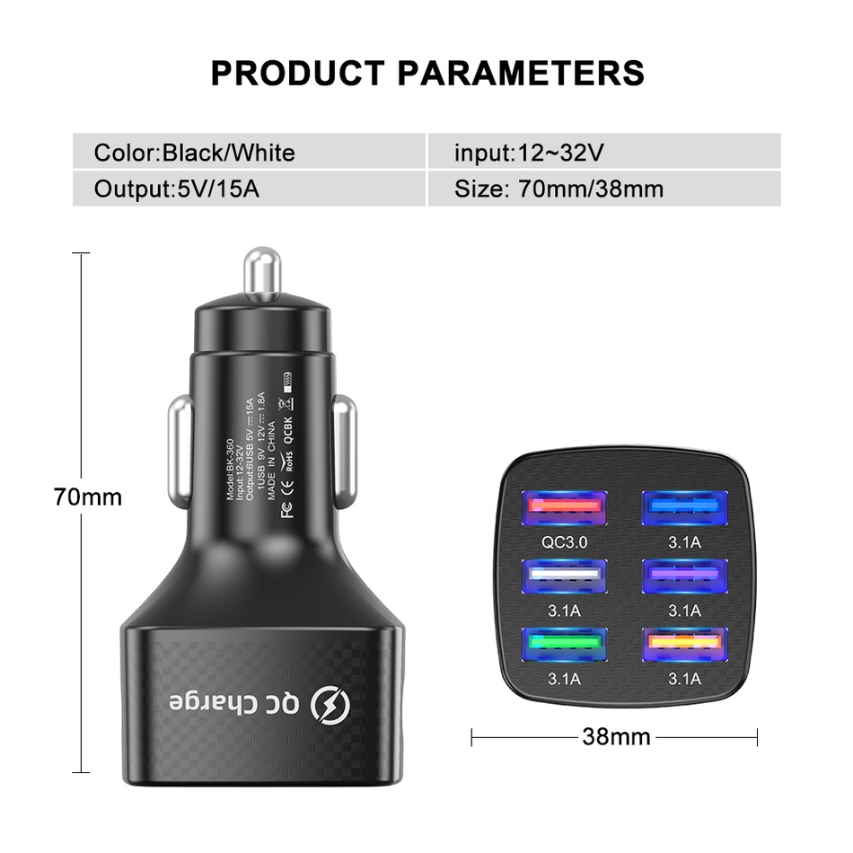 Adaptor Charger Mobil 6 Port Usb 75w 15a Fast Charging Untuk Iphone 14 13 Pro Android