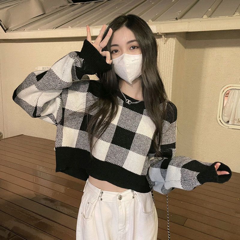 Belle Sweater Top Knit Import - Sweater Rajut Wanita Kotak Kotak TM (95019)