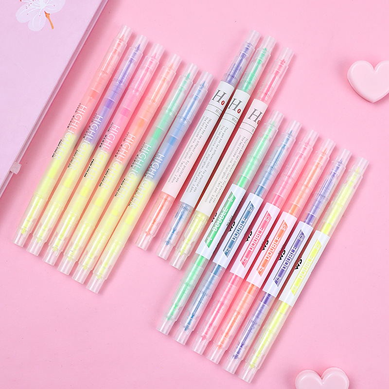 COD❤️6pcs Stabilo Warna Warni Highlighter 12 Warna dikirim Secara Acak Spidol Berkepala Dua Grafiti Pena Cat Air Kepala Miring