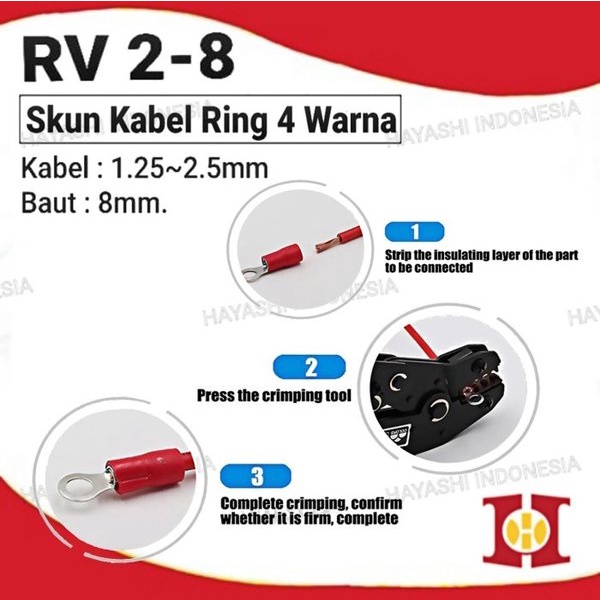 Terminal Kabel Sekun Cable Skun Ring O Bulat Cable Lug Isolasi RV 2-8 (100pcs)