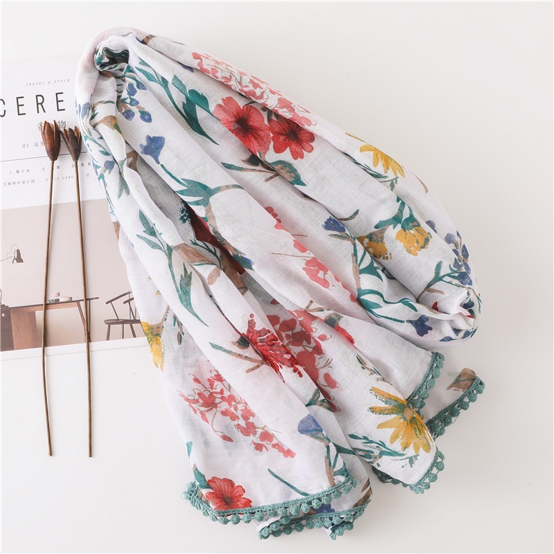 ITSFRIDAY MONICA Scarf - Premium Pashmina Shawl Selendang Syal Pasmina Hijab Import Motif Flower Hibiscus Putih Merah Hijau