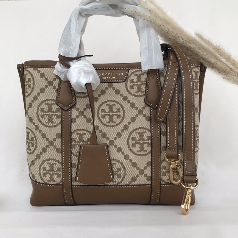TB Perry Monogram Jacquard Small Triple Compartment Tote Hazelnut