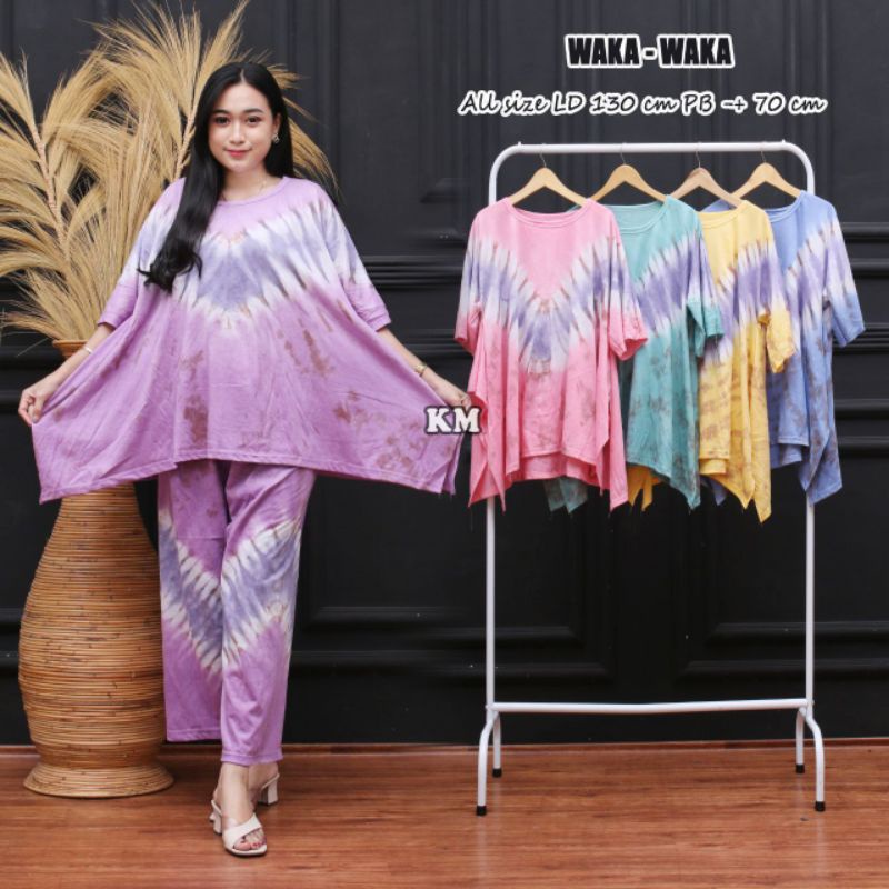 One Set Kaos Jumbo Model Waka Motif Tiedye Setelan Wanita Celana Panjang Kekinian